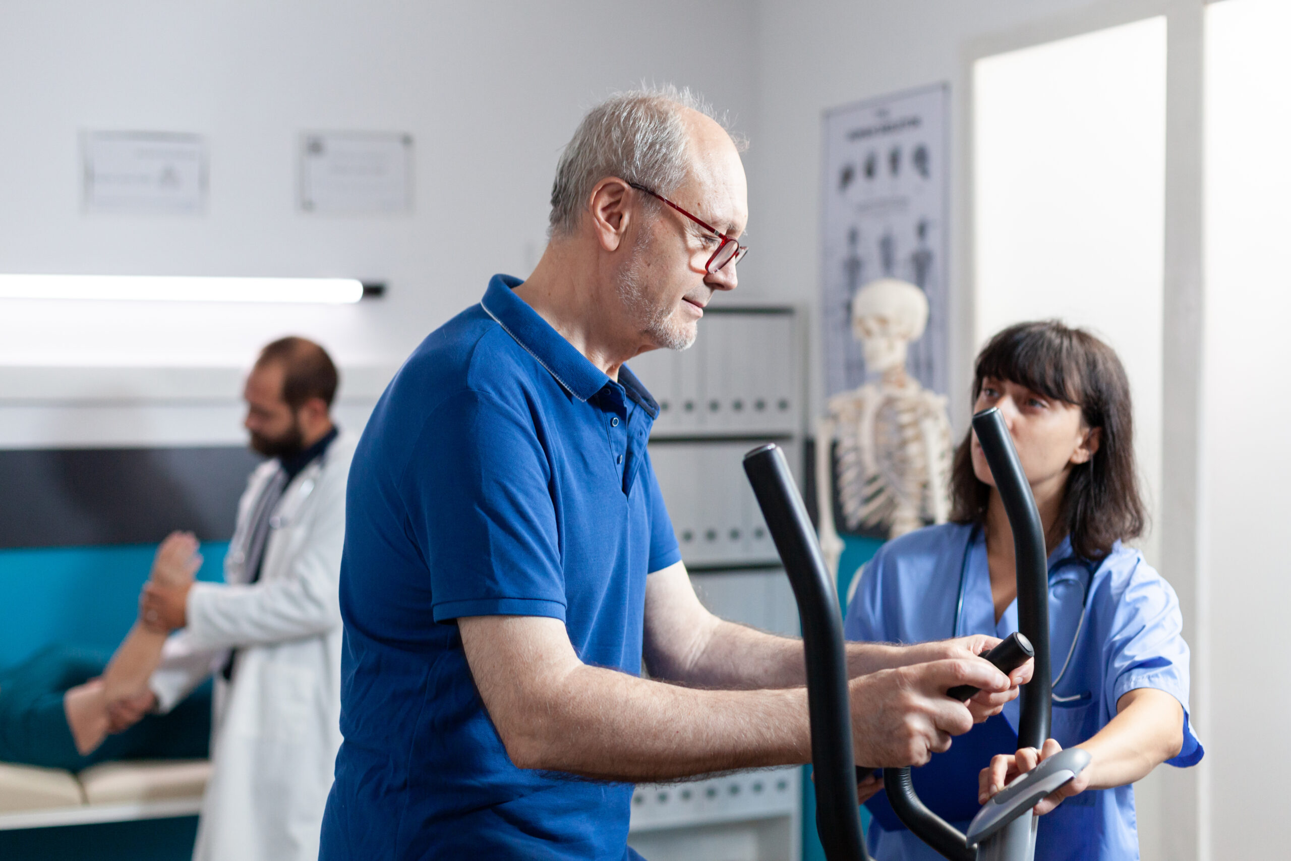 Man with leg injury doing physiotherapy for medical recovery